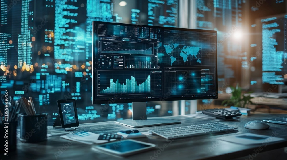Modern financial workstation with stock market data on large screen Modern financial workstation with stock market data on large screen