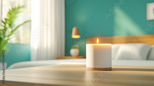 A burning candle on a wooden table in a cozy bedroom. 