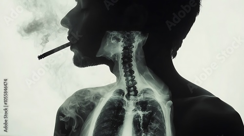 A person smoking a cigarette, with an x-ray of blackened lungs overlaying their chest area photo