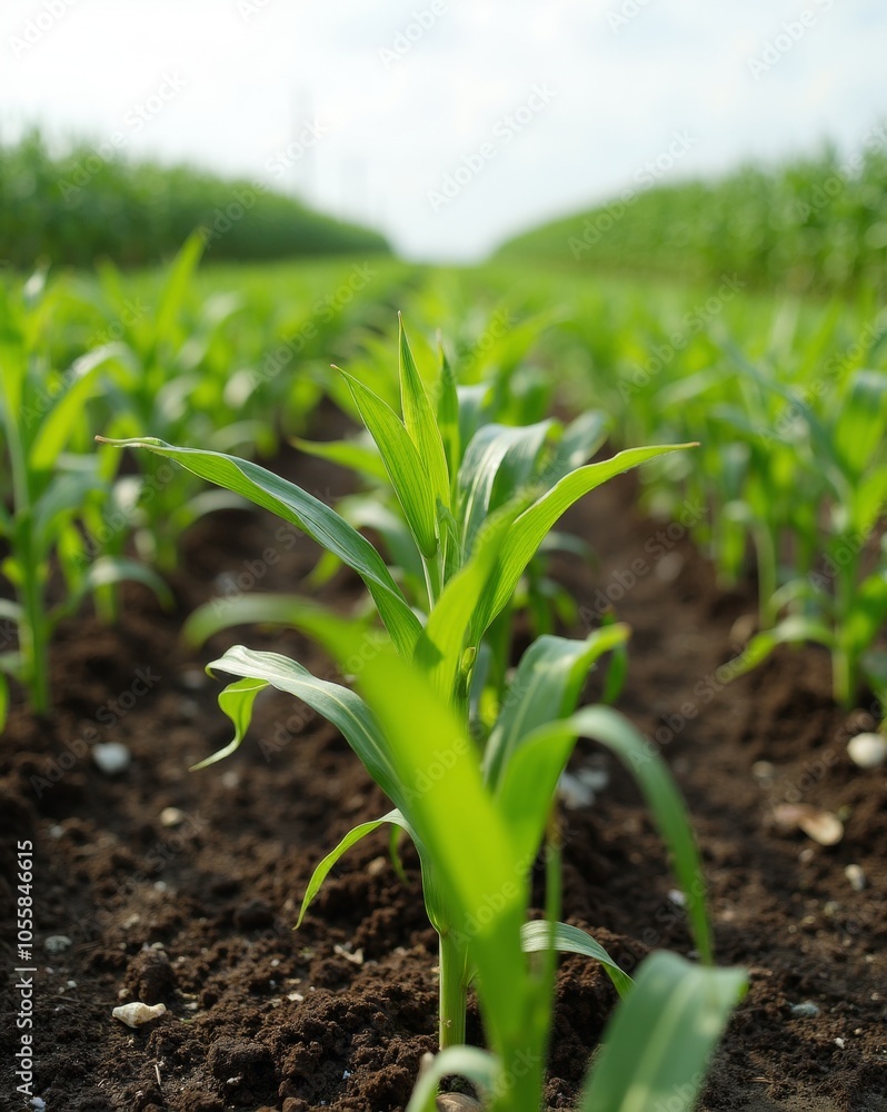 Obraz premium A close-up of a vibrant young corn plant thriving in rich, dark soil, symbolizing growth and agriculture under natural sunlight.