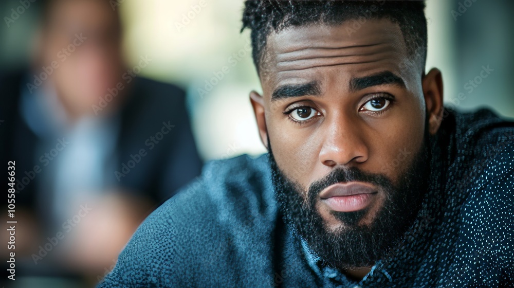 Close-up portrait of a thoughtful young professional with a beard, expressing focus and depth in a modern office environment Close-up portrait of a thoughtful young professional with a beard, expressing focus and depth in a modern office environment