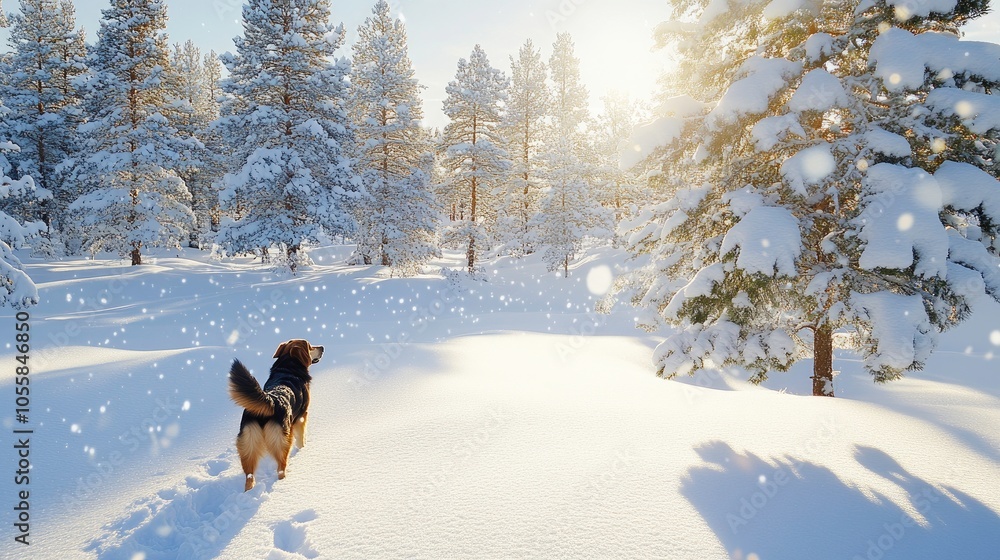 A black and tan Finnish Lapphund stands gracefully in the snow, basking in the warm glow of a Lapland sunset, surrounded by tall, snow-laden trees and a tranquil winter atmosphere A black and tan Finnish Lapphund stands gracefully in the snow, basking in the warm glow of a Lapland sunset, surrounded by tall, snow-laden trees and a tranquil winter atmosphere