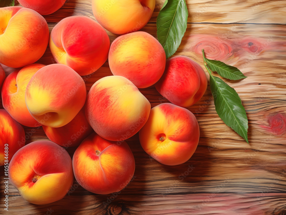 Wooden Table with Ripe Peaches: Fresh Fruits from Above Wooden Table with Ripe Peaches: Fresh Fruits from Above