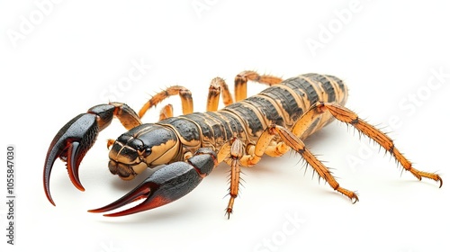 A close-up of a whip scorpion with long spindly legs, large pincers, and a segmented body. photo