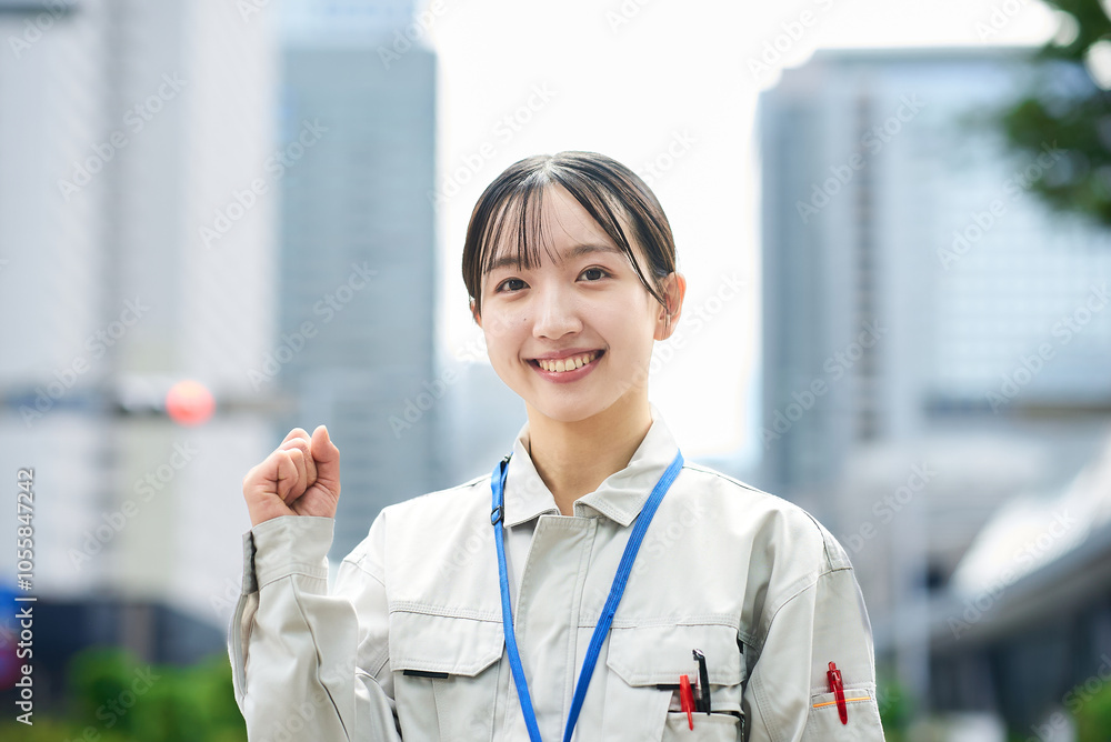 作業服姿の若い女性 作業服姿の若い女性