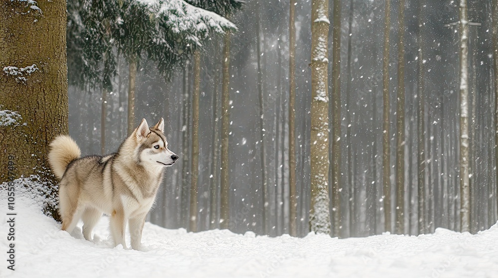 A beautiful Husky dog stands in a snow-covered forest, gazing into the winter landscape while snowflakes gently fall around it, creating a peaceful atmosphere A beautiful Husky dog stands in a snow-covered forest, gazing into the winter landscape while snowflakes gently fall around it, creating a peaceful atmosphere