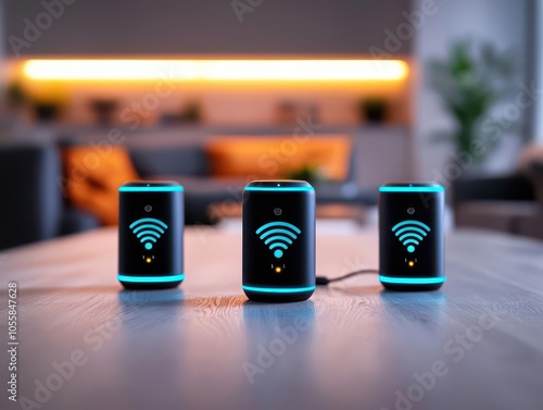 Multidevice home network with voice assistant, connected smart home ecosystem photo