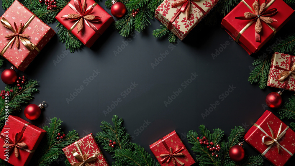 Striking Merry Christmas Banner: Personalized Holiday Messages on Black Backdrop with Gifts and Ornaments Striking Merry Christmas Banner: Personalized Holiday Messages on Black Backdrop with Gifts and Ornaments