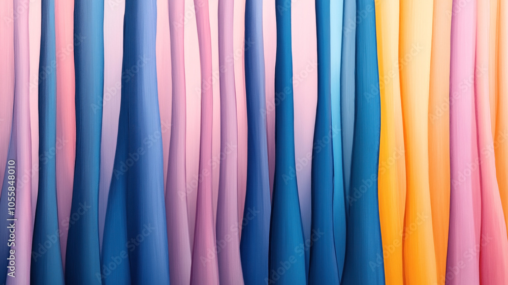 Abstract colorful vertical draped pattern with smooth gradient shades of pink, blue, orange, and purple creating a modern artistic textile design. Abstract colorful vertical draped pattern with smooth gradient shades of pink, blue, orange, and purple creating a modern artistic textile design.