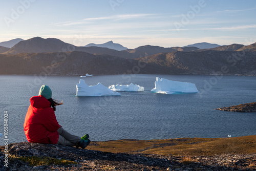 View of montains and icebergs from Uunartoq island (South Greenland) photo