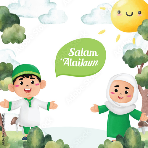 Happy Kids Muslim Say Salam Cartoon Illustration With Background