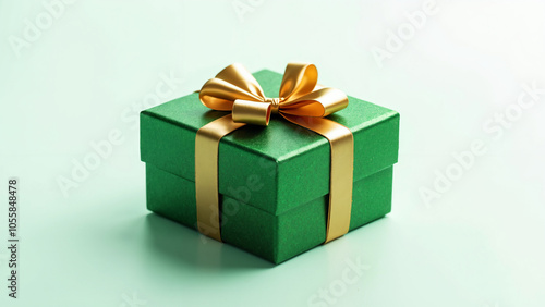 Elegant Green Gift Box with Gold Ribbon: Perfect for Holiday Retail, E-commerce, and Promotional Materials