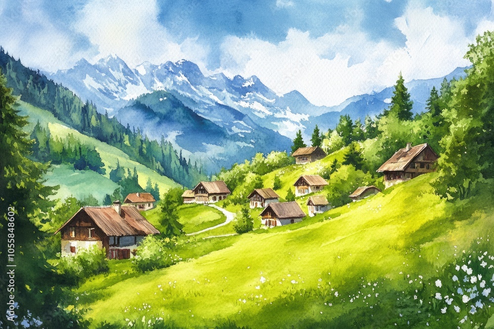 Obraz premium Watercolor Alpine Landscape. Scenic Mountain View with Village and Meadow