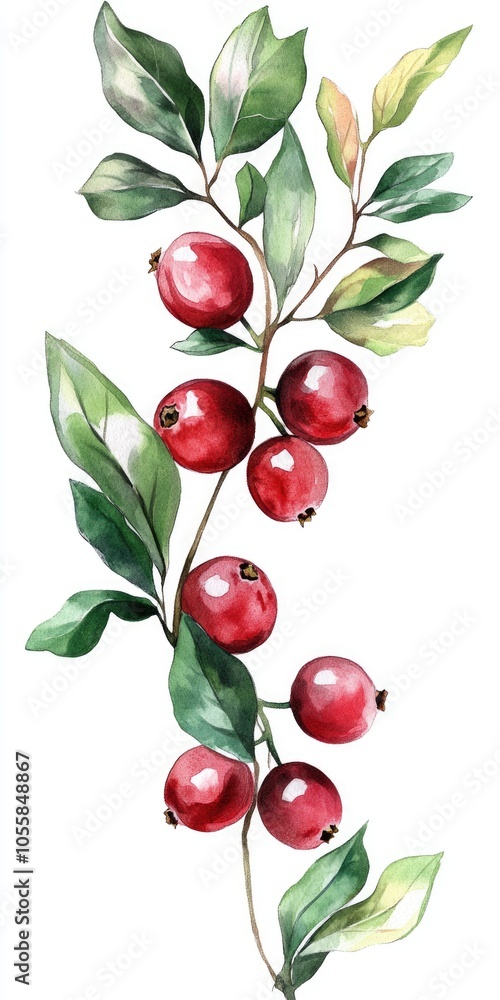 Watercolor Cranberry Branch with Fresh Red Berries and Green Leaves Watercolor Cranberry Branch with Fresh Red Berries and Green Leaves