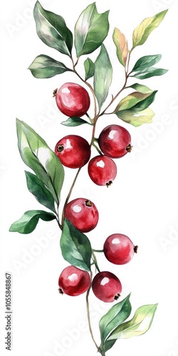 Watercolor Cranberry Branch with Fresh Red Berries and Green Leaves