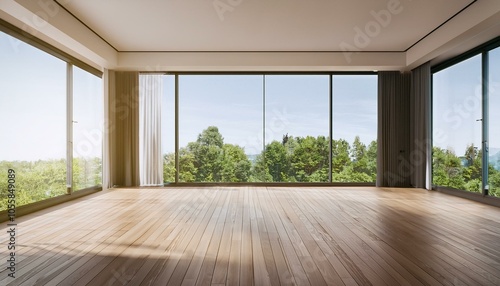 Modern empty room with large window and wooden floor. 3D Rendering