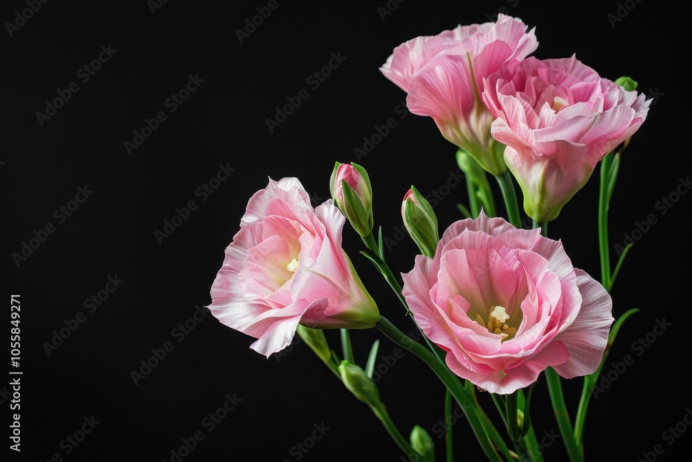 Pink eustoma flowers isolated on black background used in body care cosmetics Pink eustoma flowers isolated on black background used in body care cosmetics