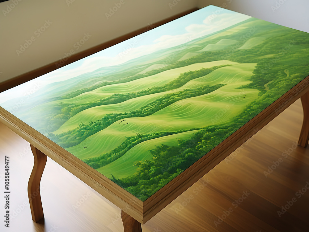 Obraz premium Rustic Wooden Table with Panoramic Green Hills and Meadow Background