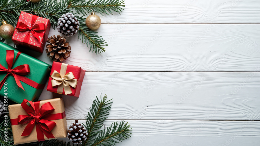 Festive Flat Lay: Pine Cones, Gifts, and Fir Branches on White Wood - Perfect for Holiday Marketing Festive Flat Lay: Pine Cones, Gifts, and Fir Branches on White Wood - Perfect for Holiday Marketing