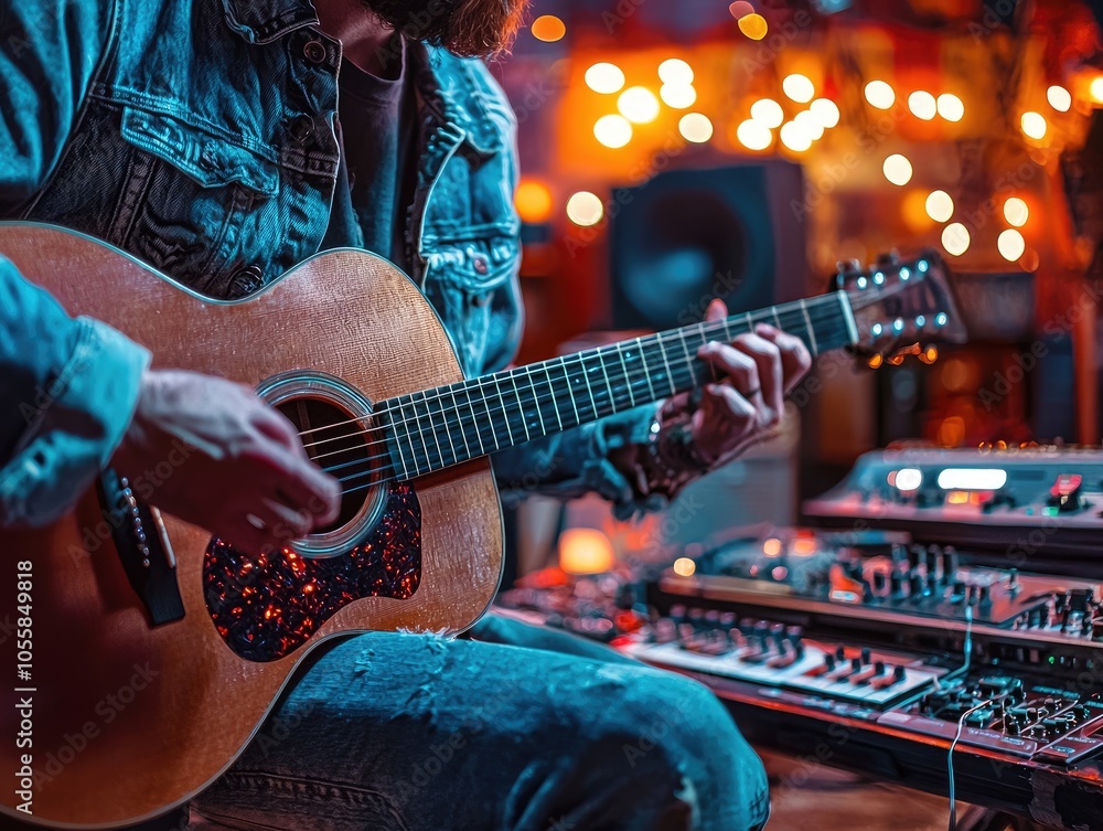 Fototapeta premium A man is playing a guitar and Recording Studio Session