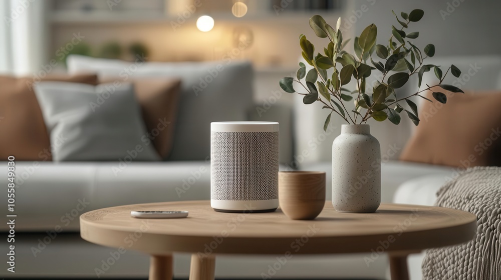 Smart speaker in luxury living room, ambient glow, effortless home automation technology Smart speaker in luxury living room, ambient glow, effortless home automation technology