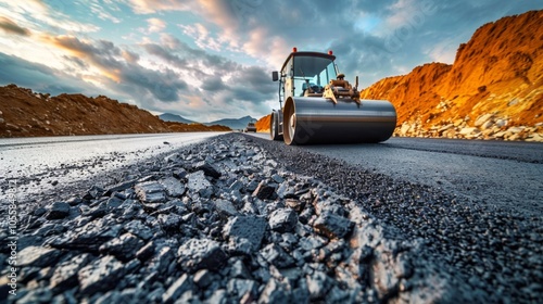 A steamroller on an asphalt road at a construction site, with stones, under a beautiful sky at sunset photo