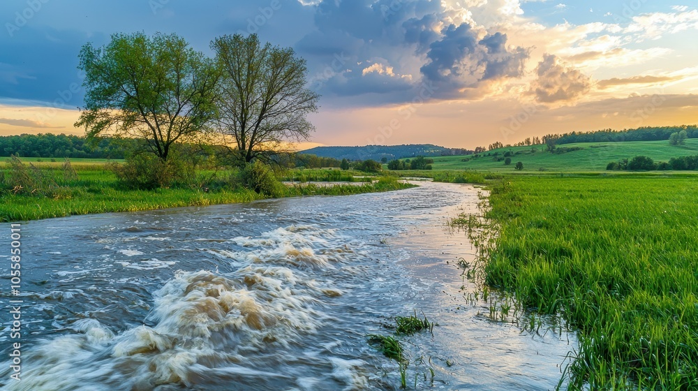 Impact of flooding the effects of an overflowing riverbank on a green field Impact of flooding the effects of an overflowing riverbank on a green field
