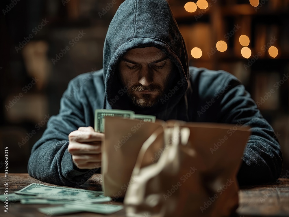 man wearing hood with money fraud by selling products man wearing hood with money fraud by selling products
