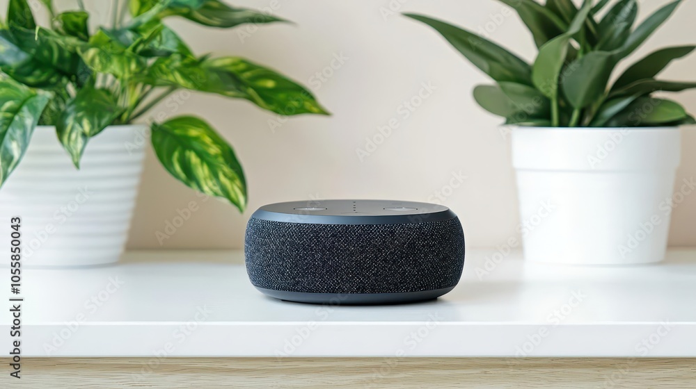 Cozy home office with voice assistant device, modern setup, future of workfromhome technology Cozy home office with voice assistant device, modern setup, future of workfromhome technology