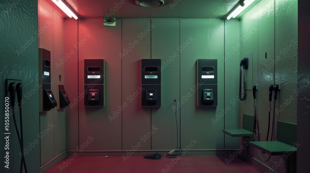 A dimly lit room with six antique payphones, bathed in eerie green and red light. Benches against the walls add to the abandoned atmosphere. A dimly lit room with six antique payphones, bathed in eerie green and red light. Benches against the walls add to the abandoned atmosphere.