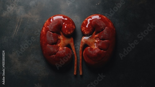 Human kidneys on a dark background. Model of a human kidneys. photo