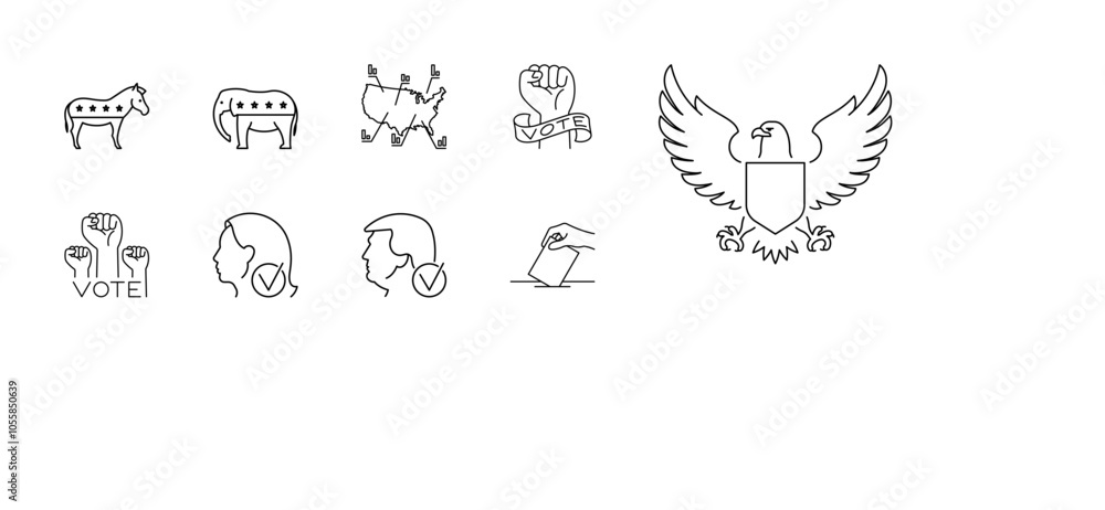 Election in US, line icon set - donkey, Democrats, elephant, Republicans, electoral map, hands, statement of vote, female candidate, male candidate, ballot paper, ballot box. Elections, voting. Election in US, line icon set - donkey, Democrats, elephant, Republicans, electoral map, hands, statement of vote, female candidate, male candidate, ballot paper, ballot box. Elections, voting.