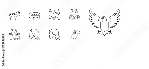 Election in US, line icon set - donkey, Democrats, elephant, Republicans, electoral map, hands, statement of vote, female candidate, male candidate, ballot paper, ballot box. Elections, voting.