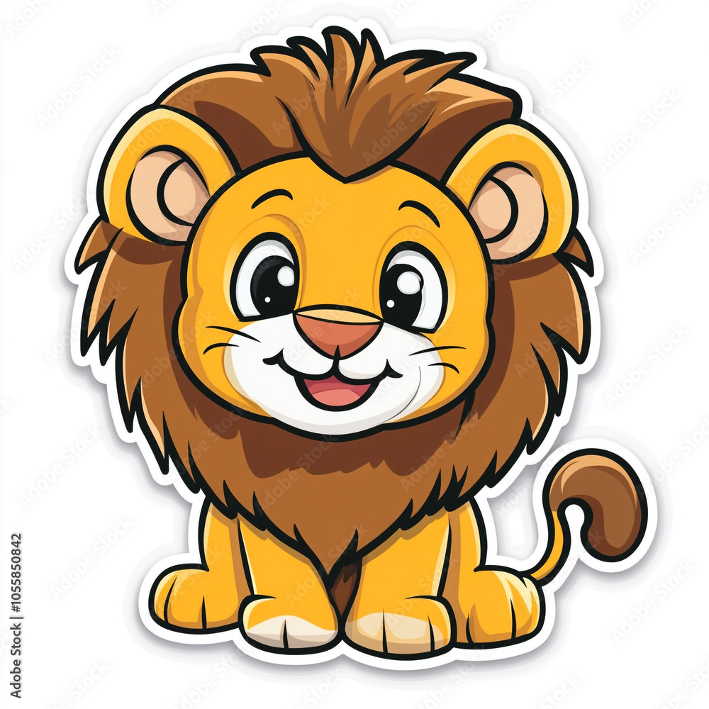 Fototapeta premium A cute cartoon lion sticker. Simple drawing style on a solid white background.