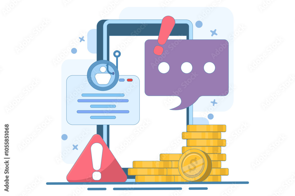 beware of fraudulent messages concept. danger and alertness. fraud alert. fraudulent mode to steal money and personal data. device with coin, warning sign, chat symbol. flat vector illustration. beware of fraudulent messages concept. danger and alertness. fraud alert. fraudulent mode to steal money and personal data. device with coin, warning sign, chat symbol. flat vector illustration.