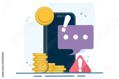 beware of fraudulent messages concept. danger and alertness. fraud alert. fraudulent mode to steal money and personal data. device with coin, warning sign, chat symbol. flat vector illustration.