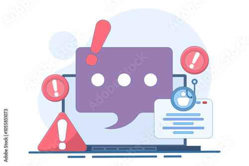 beware of fraudulent messages concept. danger and alertness. fraud alert. fraudulent mode to steal money and personal data. device with coin, warning sign, chat symbol. flat vector illustration.