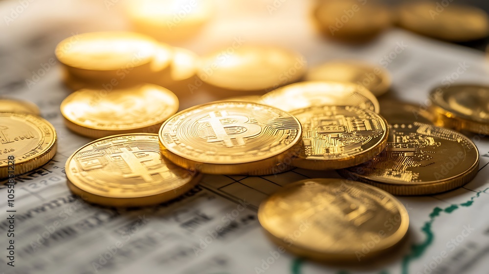 Gold coins scattered across a financial newspaper showing stock prices and trends Gold coins scattered across a financial newspaper showing stock prices and trends