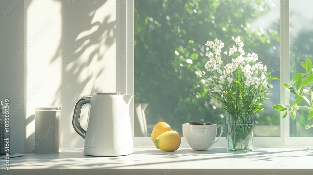 Clean countertop with a white electric kettle, sunlight filtering in, highlighting a fresh, contemporary kitchen setup. Clean countertop with a white electric kettle, sunlight filtering in, highlighting a fresh, contemporary kitchen setup.