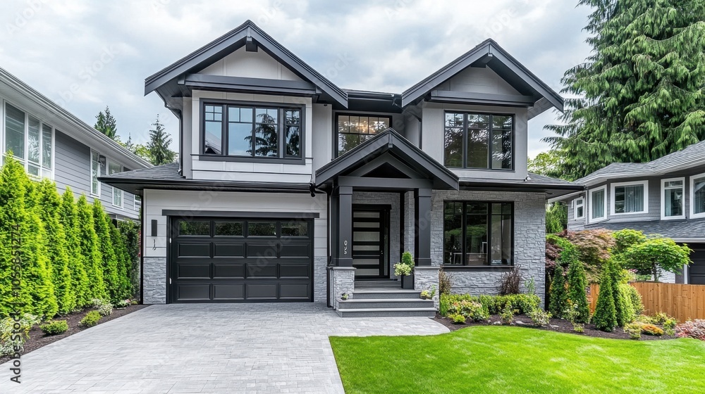 Clean-lined gray and white exterior of a modern home, with a contrasting dark garage door, and manicured plants at the entry. Clean-lined gray and white exterior of a modern home, with a contrasting dark garage door, and manicured plants at the entry.