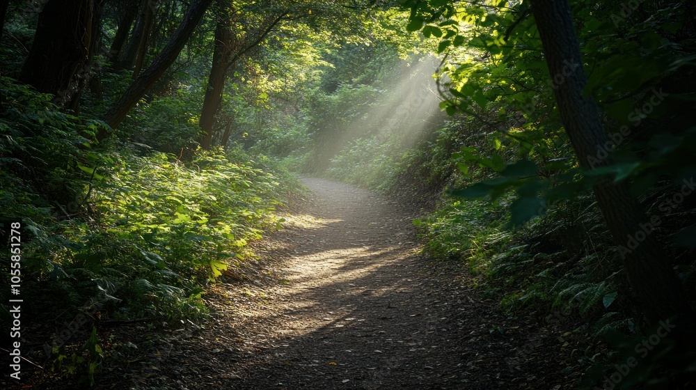Obraz premium Sunbeams Illuminating a Path Through a Lush Forest