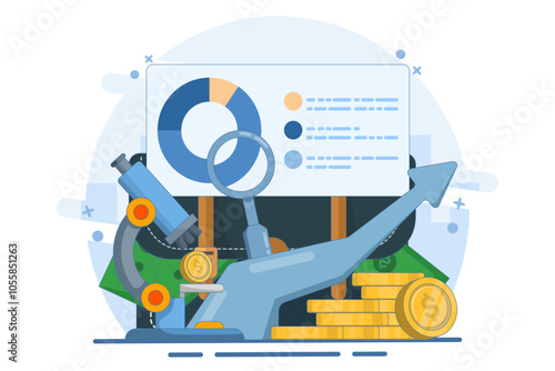 Financial analyst or consultant concept. Making financial operations. Financial studies, forecasts and risk assessments. Business strategy. Analyzing statistical or financial information. Illustration