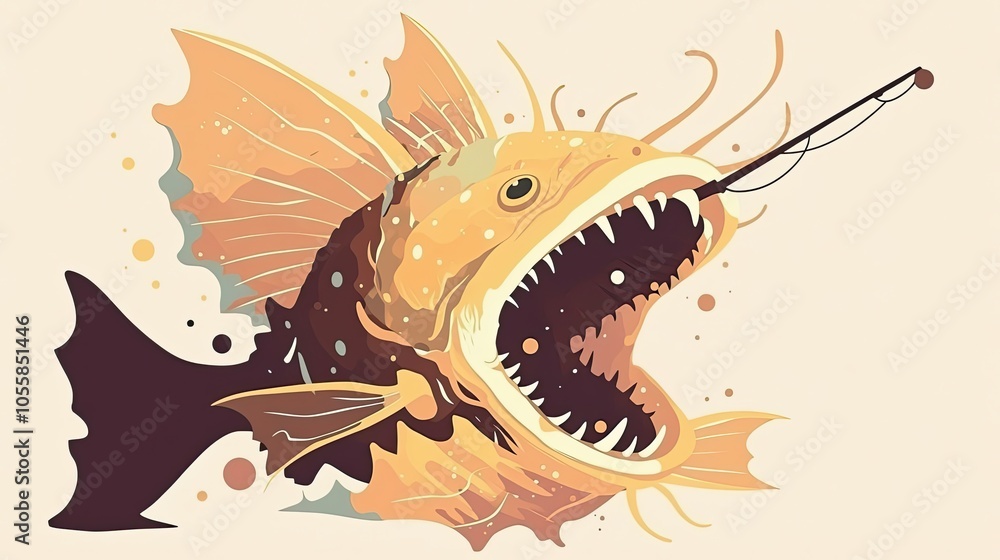 A large-mouthed, predatory fish with a fishing rod in its mouth A large-mouthed, predatory fish with a fishing rod in its mouth