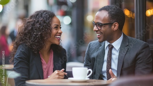 Business partners enjoying a meeting over coffee at an outdoor cafe