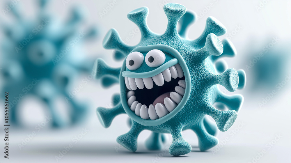 A cartoon virus smiles with large, sharp teeth. A cartoon virus smiles with large, sharp teeth.