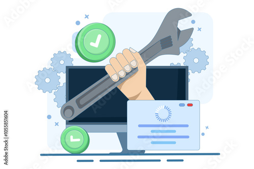 operating system repair and maintenance concept. hand coming out of laptop screen and holding wrench. technician, engineer, IT support concept. flat vector illustration on background.