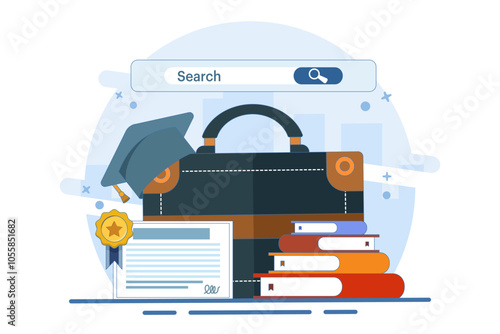 job search concept. new graduates looking for job information. job search and recruitment. websites and services. graduates with search bar. flat vector illustration on background.