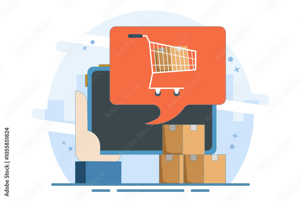 online order notification concept, Laptop with full shopping cart, speech bubble, e-commerce, modern flat icon design of order delivery service isolated on background. online order notification concept, Laptop with full shopping cart, speech bubble, e-commerce, modern flat icon design of order delivery service isolated on background.