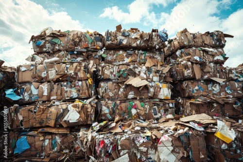 Recycled paper pile at landfill promoting reuse concept