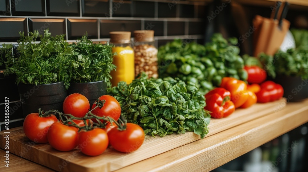 Fresh vegetables and herbs arranged on a wooden countertop. Fresh vegetables and herbs arranged on a wooden countertop.